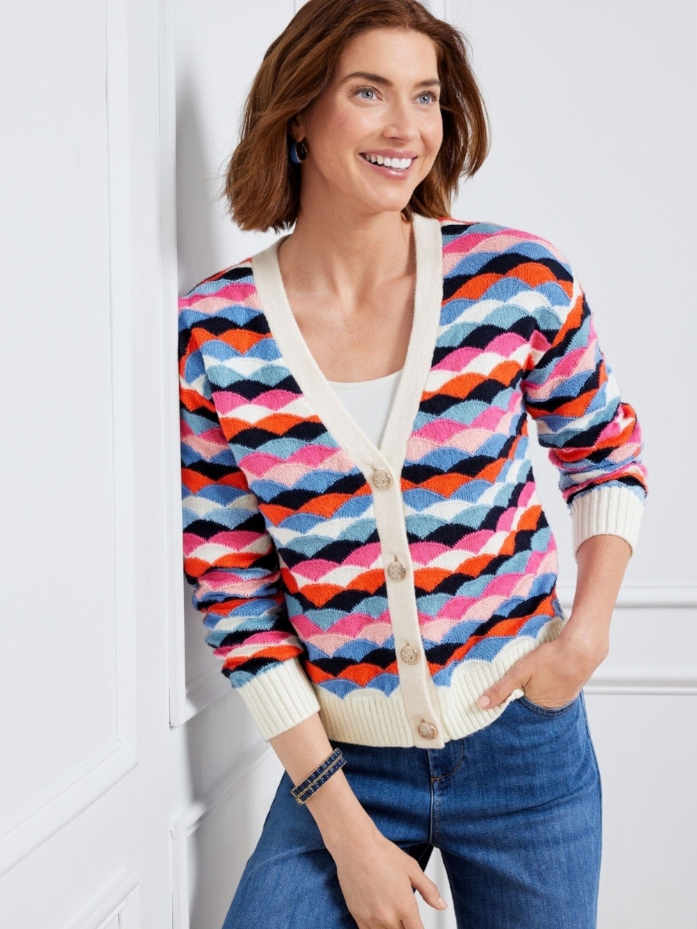 Talbots V-Neck Cardigan Scallop Stripe Multicolor Women's Size PS
